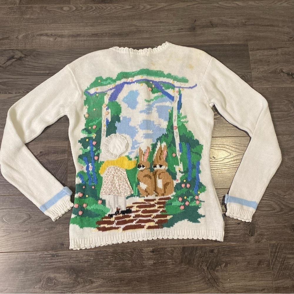 Vintage Eagleeyes Knit sweater Bunny Rabbit Spring time scene - Picture 2 of 11